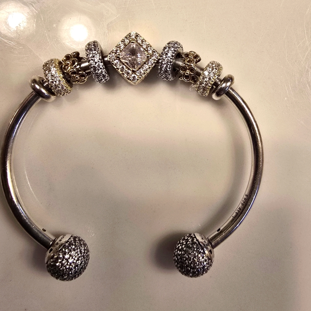 Pandora Silver and Gold Bangle Bracelet With Charms